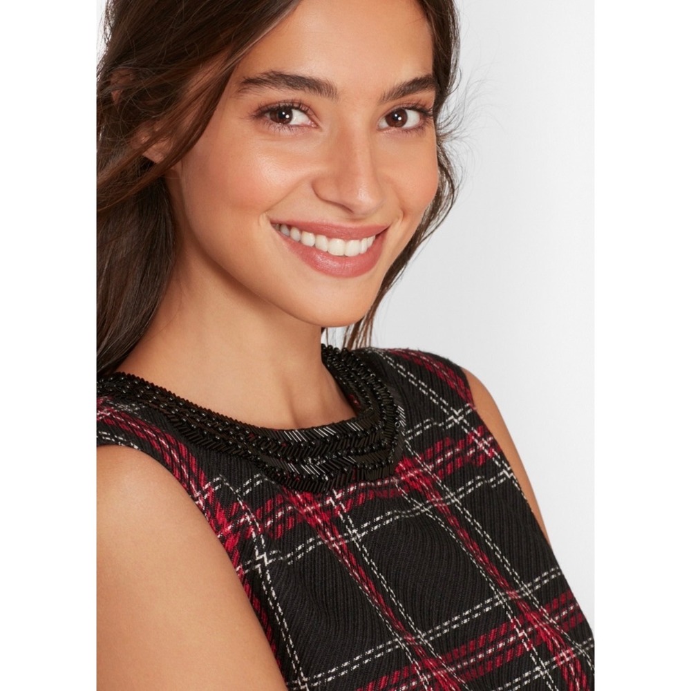 Brooks Brothers sleeveless sheath dress black red wool-blend tartan plaid tweed